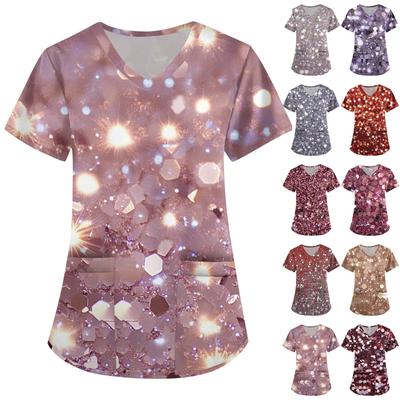 Короткий рукав для женщин мода V-образный вырез ретро принт талия завернутый топ футболка