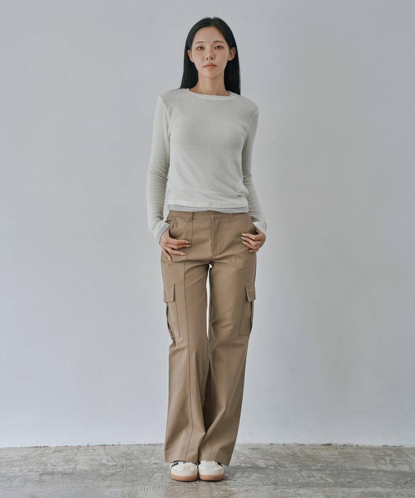 WAARFORWOMAN W1156 Прямые брюки-карго с вырезами_Бежевый
