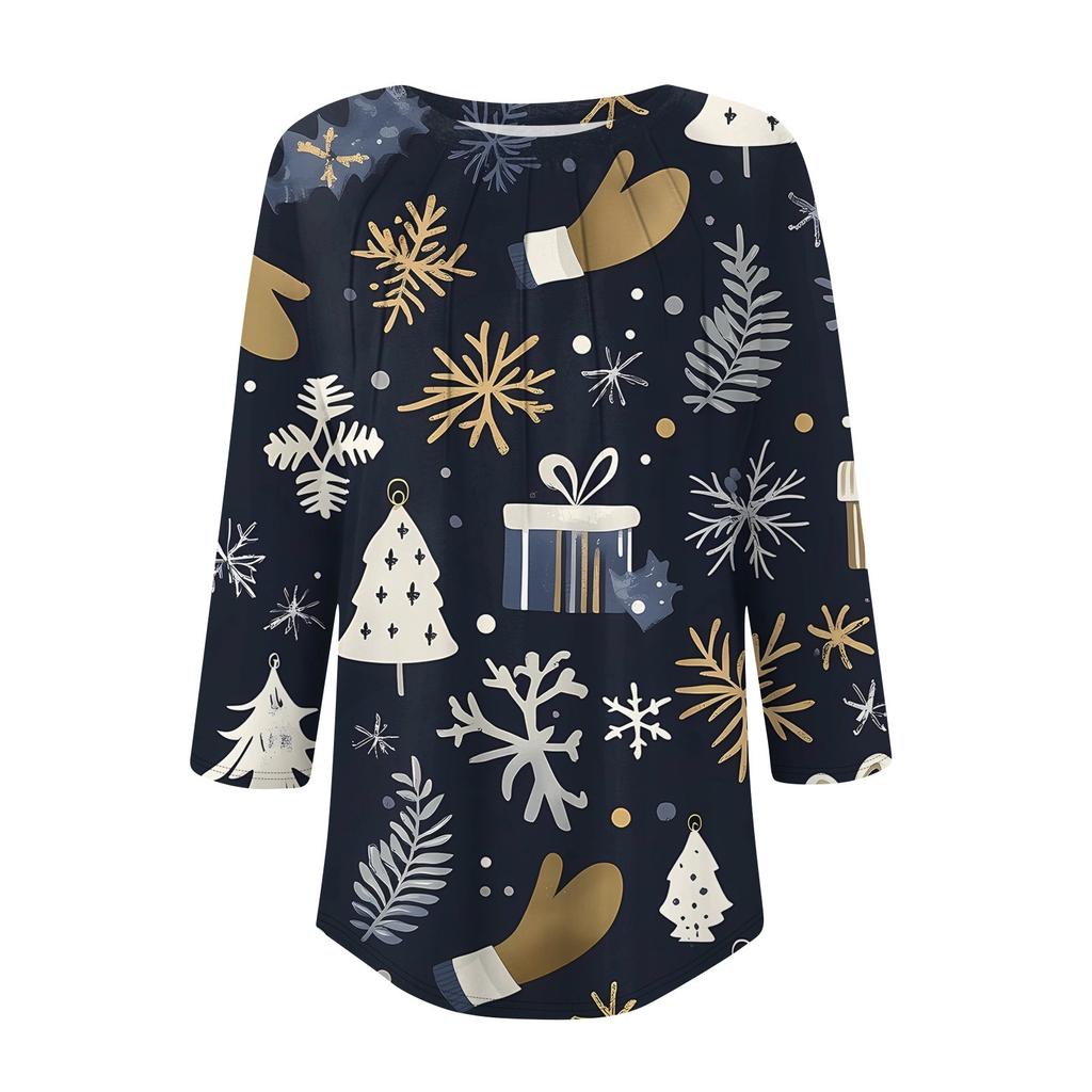 Женская модная футболка с круглым вырезом и рукавом 3/4 с рождественскими принтами, повседневная базовая плиссированная футболка-пуловер