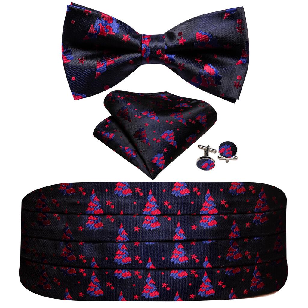 Barry.Wang Mens Cummerbund Belt and Bowtie Set Silk Pre Bow Tie Hanky Cufflink Set