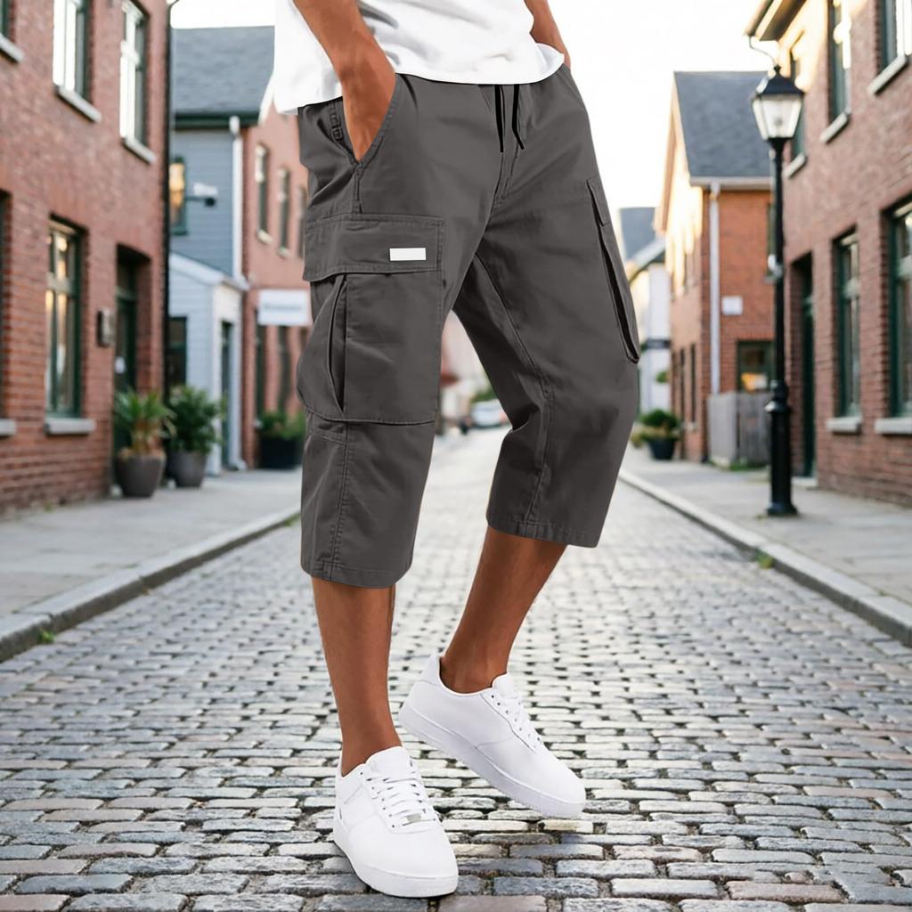 Men’s Drawstring Cargo Pants Multi Pocket Relaxed Fit Seven Quarter Length Casual Trousers for Daily Wear Outdoor Activities
