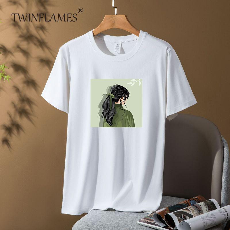 Printed Short Sleeve T-shirt Women Loose Cotton O-neck Tees Female Chic Aesthetic Graphic Pullover Tops