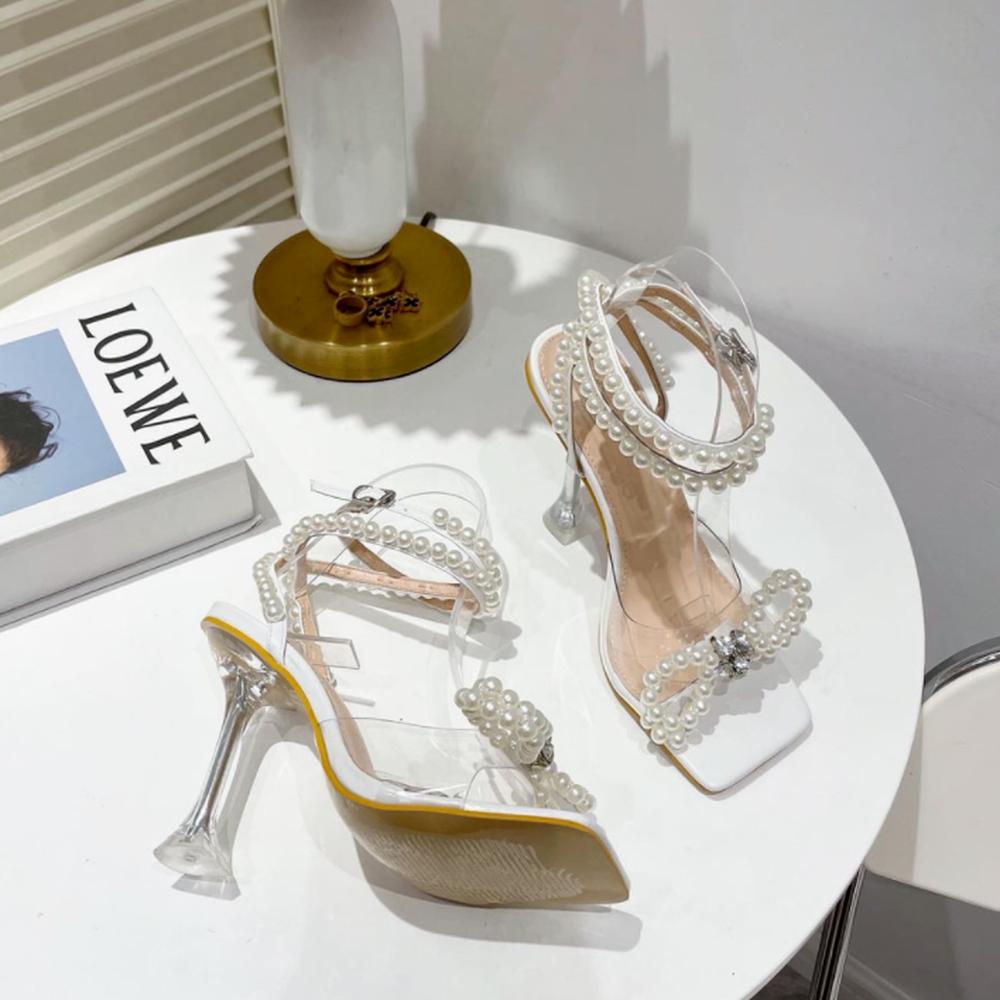 Fashion High Heels Women 2024 New Stiletto Crystal Pearl Bow Strap Sandals Transparent Women's Shoes Zapatos Mujer