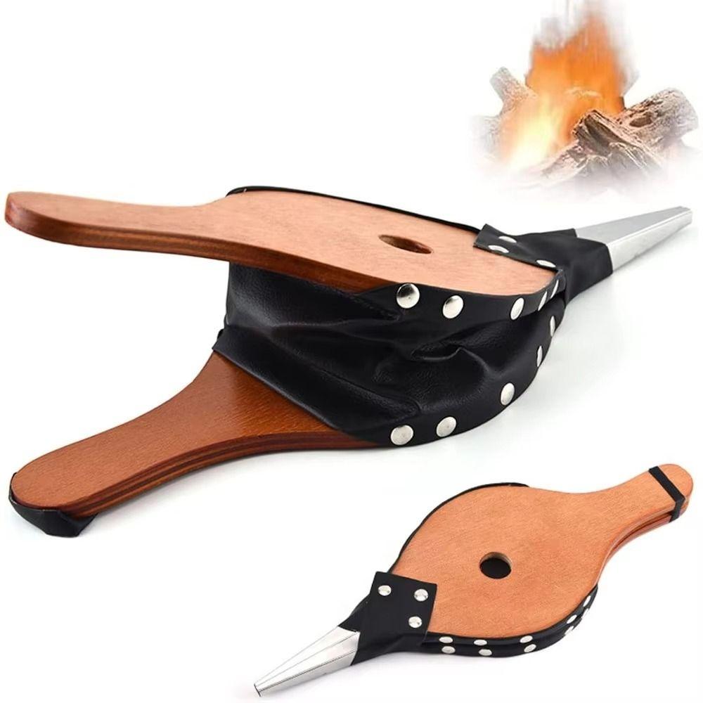 Comfortable Long Handle Manual Air Blower Leather Bellows Hand Bellow Pump Outdoor Camping