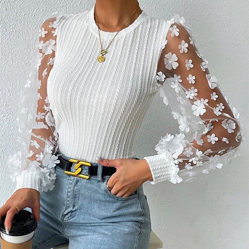 Mesh Small Flower Chiffon Shirt for Women In Spring Summer Round Neck for Slimming Pullover Long Sleeved Top