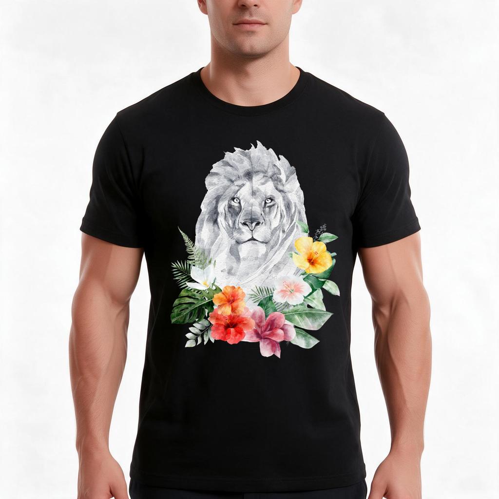 Lion And Nature Floral Tshirt Summer Casual Cotton Tee Oversized Streetwear Tops Vintage Graphic Print Unisex Men Women
