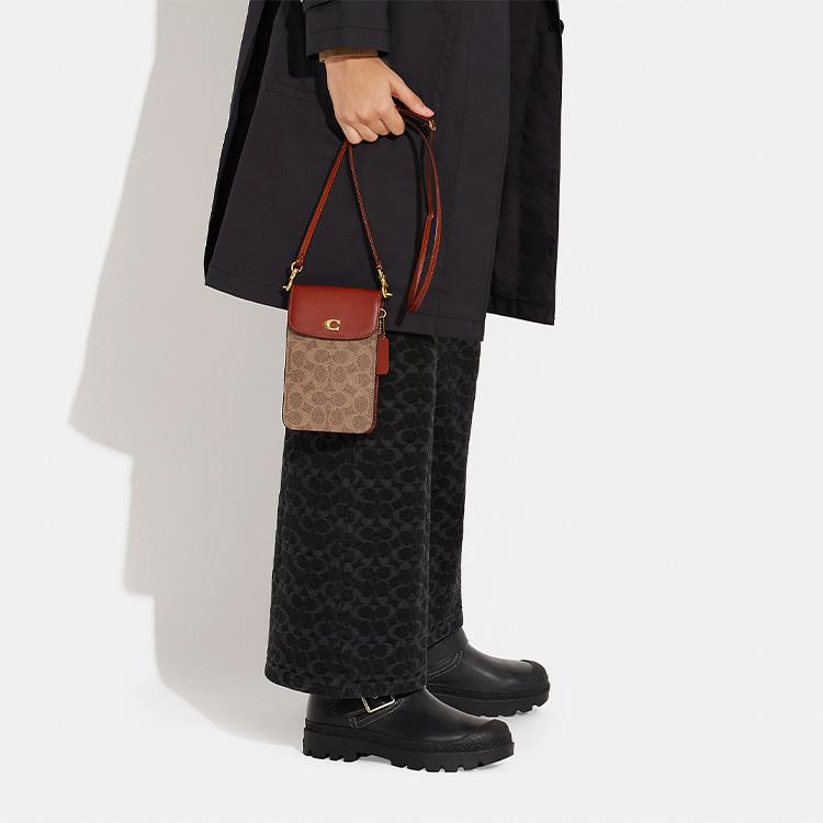 New COACH Canvas With Calfskin Cell Phone Pouch, Shoulder Bag, Crossbody Bag Mini Women's Brown & Dark Rosewood CJ355-B4NQ4