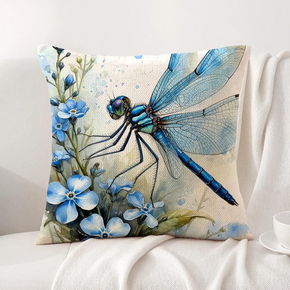 Dragonfly and flower Cushion Cover Natural Linen Organic Fabric DoubleSided Printing Sofa Home Decor Gift Pillow Cover