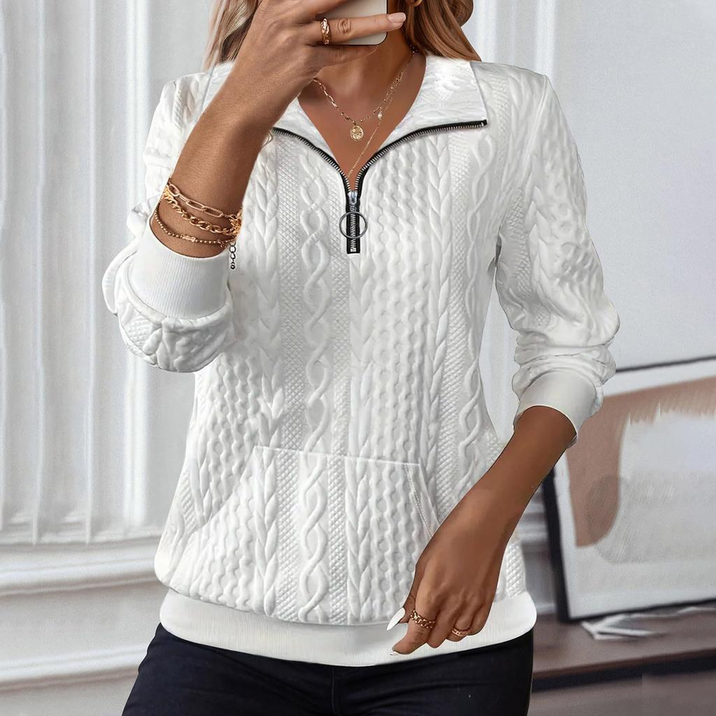 Women's Fashion Long Sleeve Solid Color Casual Collared Zipper Long Sleeve Pocket Sweatshirt