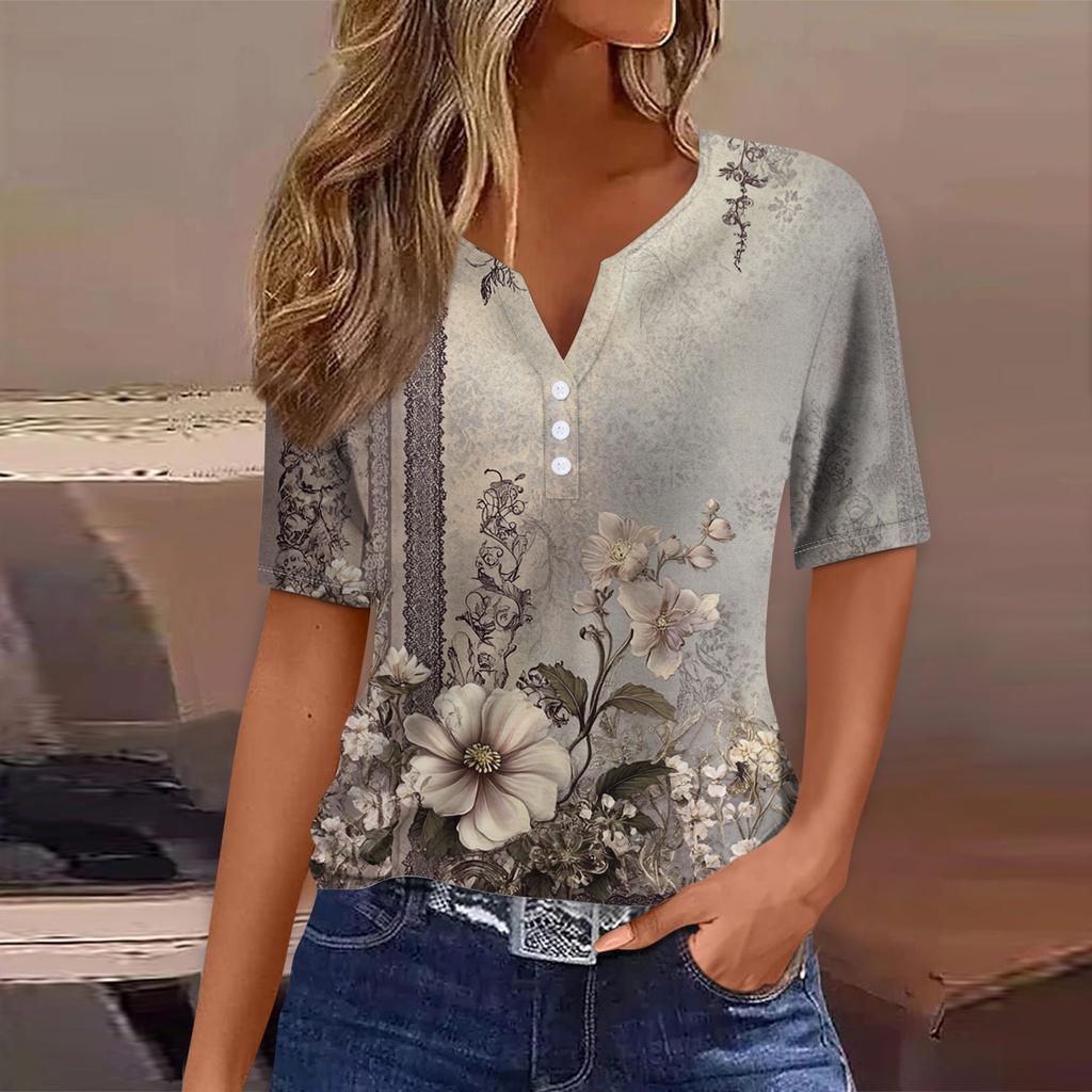 Women's T Shirt Tee Print Button Short Sleeve Daily Weekend Fashion Basic V- Neck Regular Top