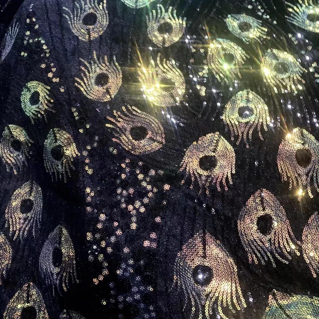 Павлиньи перья Ткань с пайетками Свадебная вечеринка Платье для выступления девочки Сделать ткань Вышивка Кружево Зеленый Оригинальность Модные ткани