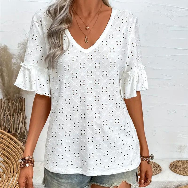 Plus Size Women's Summer T-shirt Knitted Embroidery Hollow Ruffle V-neck Short-sleeved Blouse Women's T-shirt