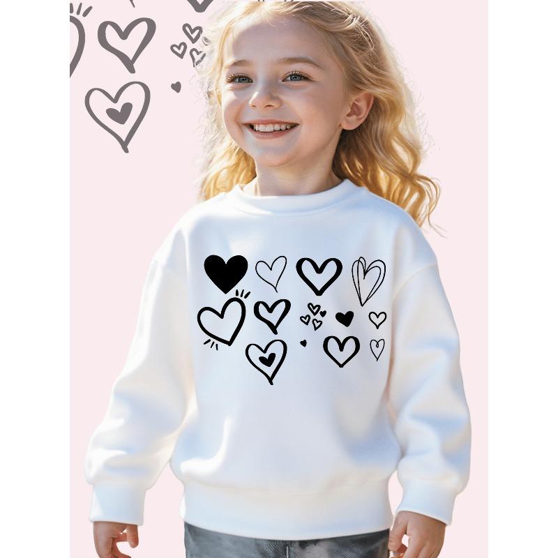 European sizes Kids' White Oversized White Heart & Line Art Sweatshirt - Soft Loose-Fit Long Sleeve Winter Warmth Pullover
