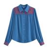 2024 Осень Женская Джинсовая Рубашка в Европейском и Американском Стиле с Красной Вышивкой