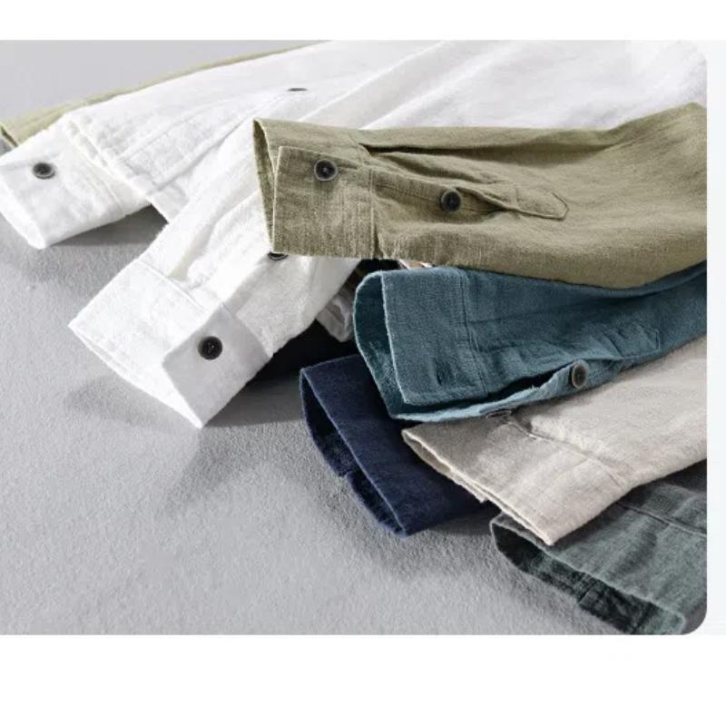 Long Sleeve Cotton Linen Man Shirts Summer Tops Classical Turn-down Collar Green Button Shirt Daily Men's Casual Shirt Beach Breathable Shirt
