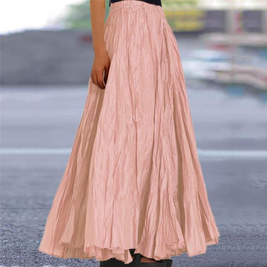 Women Skirt Elastic High Waist Pleated Maxi Skirt Solid Color A-Line Ankle-Length Skirt Large Hem Long Skirt Work Leisure Wear