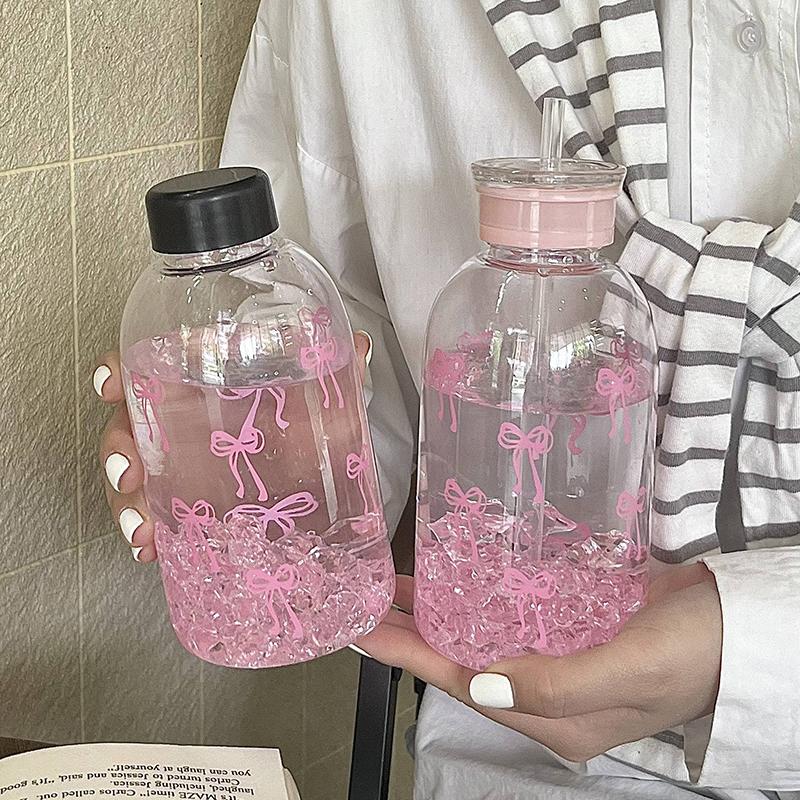 Бутылка для воды Kawaii, эстетический стакан для льда, кофе, сока, чая, симпатичные пластиковые стаканчики с бантом и крышкой-соломинкой, портативная бутылка для питья