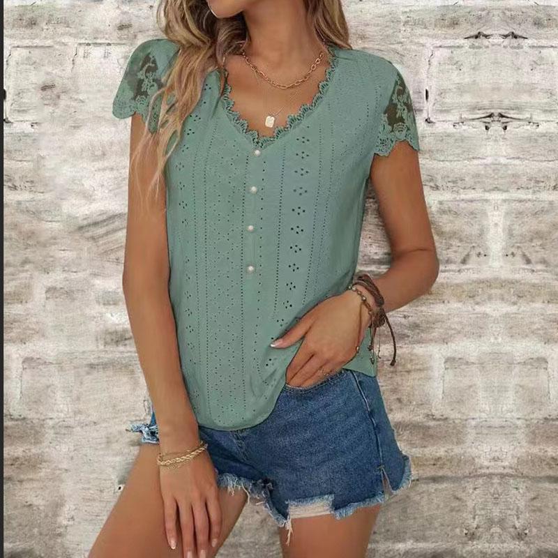 Summer Women's T-shirt Fashion Loose Solid Color Lace V-neck Short-sleeved T-shirt Tops