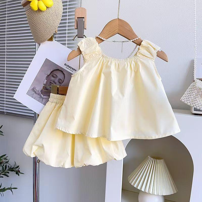 Модный костюм для девочек, летний детский повседневный милый комплект из двух предметов без рукавов с топом и шортами