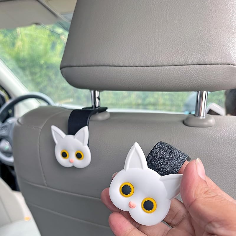 Car Seat Headrest Hooks - Cute Cartoon Cat Hook Vehicle Hanger For Purses, Bags, Coats, Umbrellas Holder (2Pc Black)