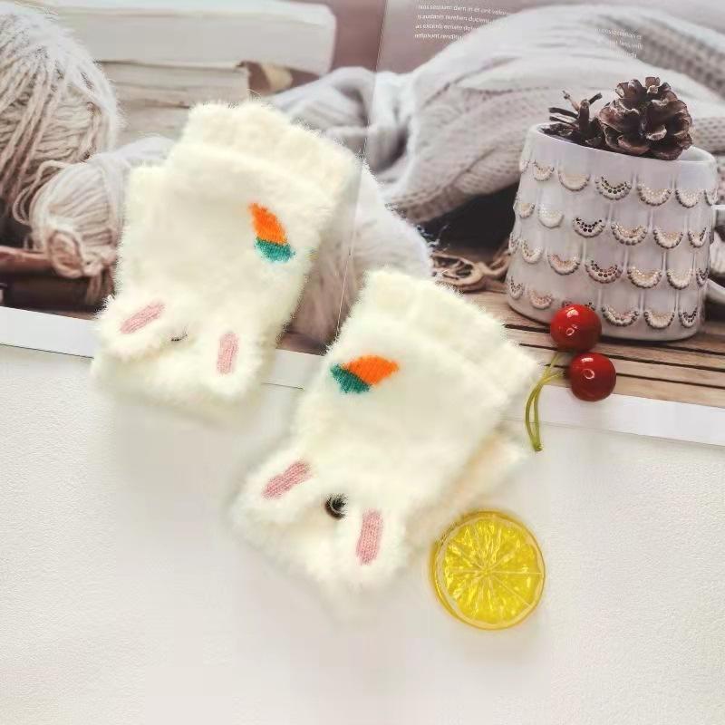 Women's Winter Cute Radish Cartoon Cold-proof Imitation Mink Half-finger Leak-finger Warm Knitted Adult and Children's Gloves