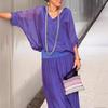 Women's Casual Two Piece Chiffon Outfit Summer V-neck Short Sleeve Top Wide Leg Pants Set Loose Loungewear Suit