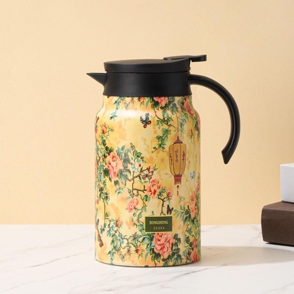 Chinese Style Retro Flower Insulated Kettle Hot Water Stainless Steel Vacuum Flask Vintage Floral Printing Water Cup for Outdoor