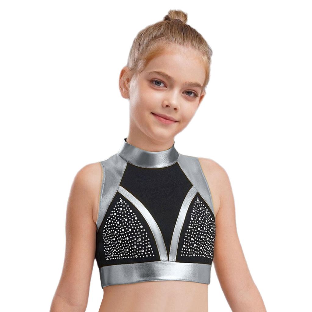 Детская танцевальная одежда Кроп-топ с воротником-стойкой Без рукавов Вырез на спине Блестящие стразы Металлик