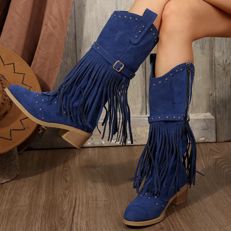 Women's Fashion Chunky Single Boots Fall New Pointed Sleeve Rivet Fringe Side Zipper Comfortable High Boots
