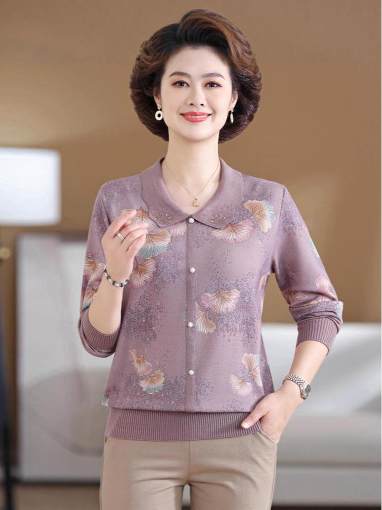 Женская осенняя вязаная футболка с принтом и лацканами - с длинным рукавом, свободная, модная, универсальная для женщин среднего и пожилого возраста