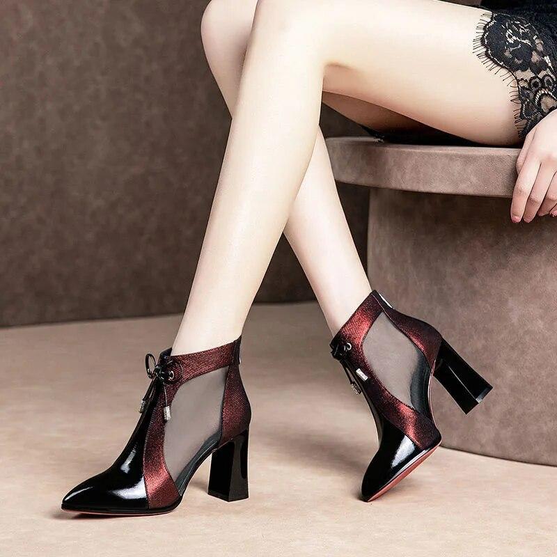 2024 летние женские ботильоны с дышащей сеткой на массивном высоком каблуке, однотонная повседневная женская обувь из искусственной кожи, Botas De Mujer