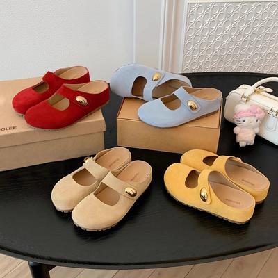 Высота коровьей кожи увеличена на 5 см~ маленькие золотые бобы, большая круглая голова, мягкие и милые полушлепанцы с увеличением высоты для женщин