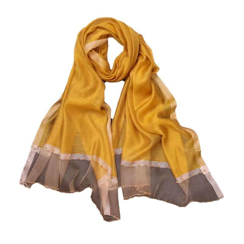 Новый шарф для женщин, тонкий, с бисером, однотонный, шаль, шарф из марли с золотой нитью, персонализированный, шарф из искусственного шелка, весна и осень