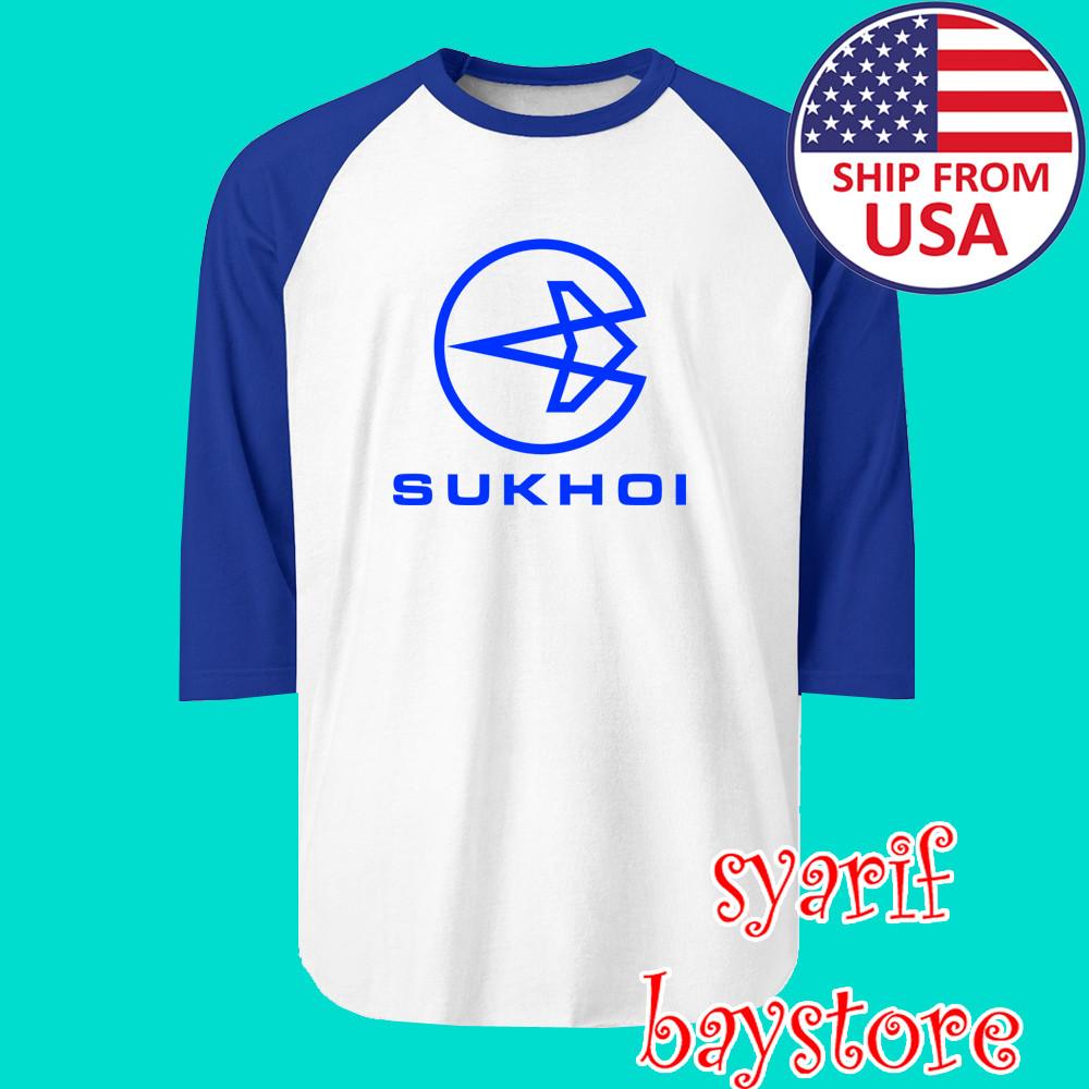 Sukhoi Russian Aircraft Airways Men#039;s Raglan White Blue Size S to 2XL Unisex T-Shirt