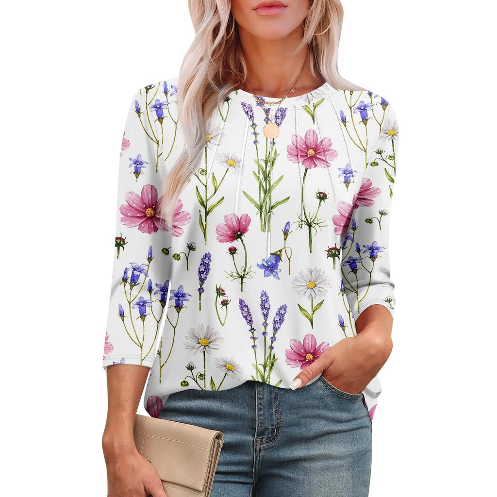 Women's Fashionable Round Neck 3/4 Sleeve Printed Casual Basic Pleated Pullover T-shirt Top