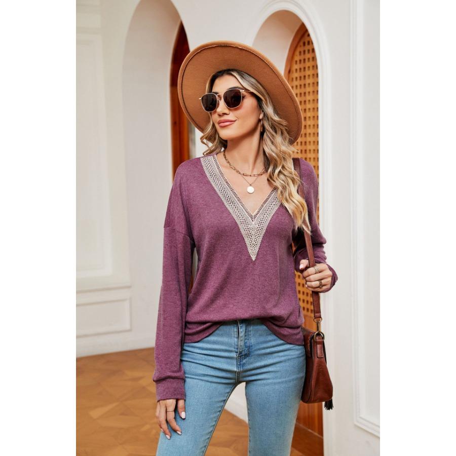 Осенне-зимний топ, женская однотонная кружевная футболка с v-образным вырезом, контрастная свободная футболка с длинным рукавом