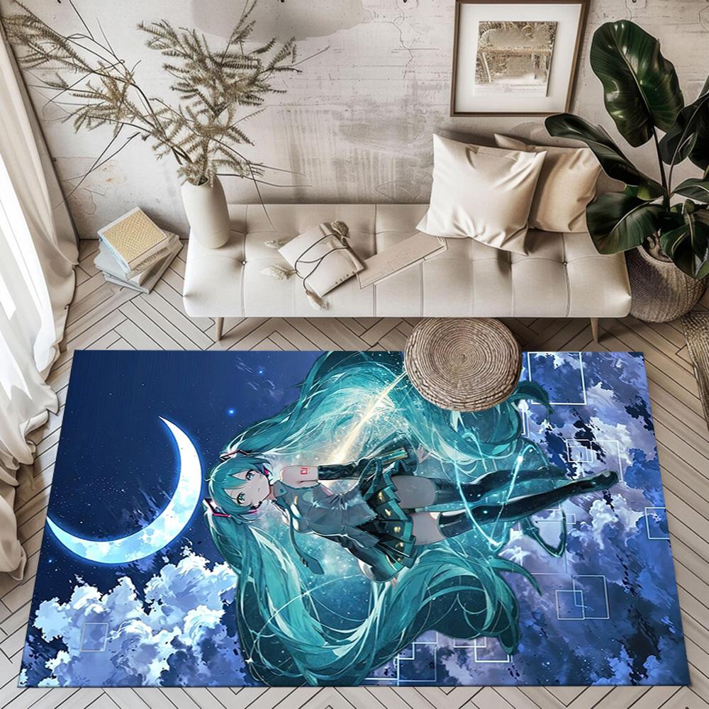Hatsune Miku On The Moon Square rugs are a great choice for living rooms, bedrooms, home décor, and as gifts.
