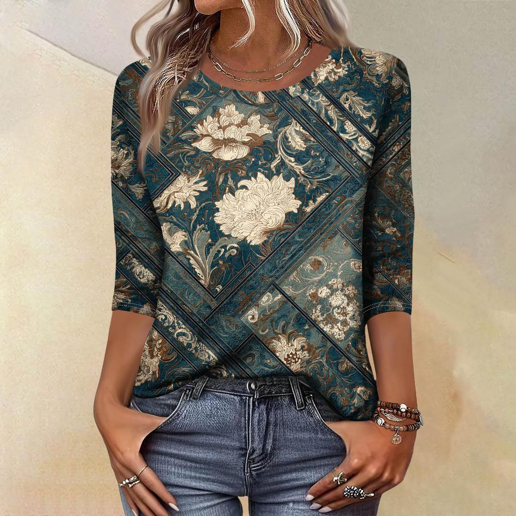 Trendy Vintage 3/4 Sleeve Top For Women ,Ladies Casual Three Quarter Sleeve Round Collar Printed T-Shirt Blouse