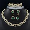 Fashion Personality Woven Rhinestone Necklace Bracelet Water Drop Earrings Set Red Green Black Diamond Shiny Bridal Jewelry