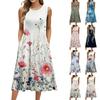 Women's Fashionable Printed Round Neck Sleeveless Casual Pullover Pocket Mid Length Dress