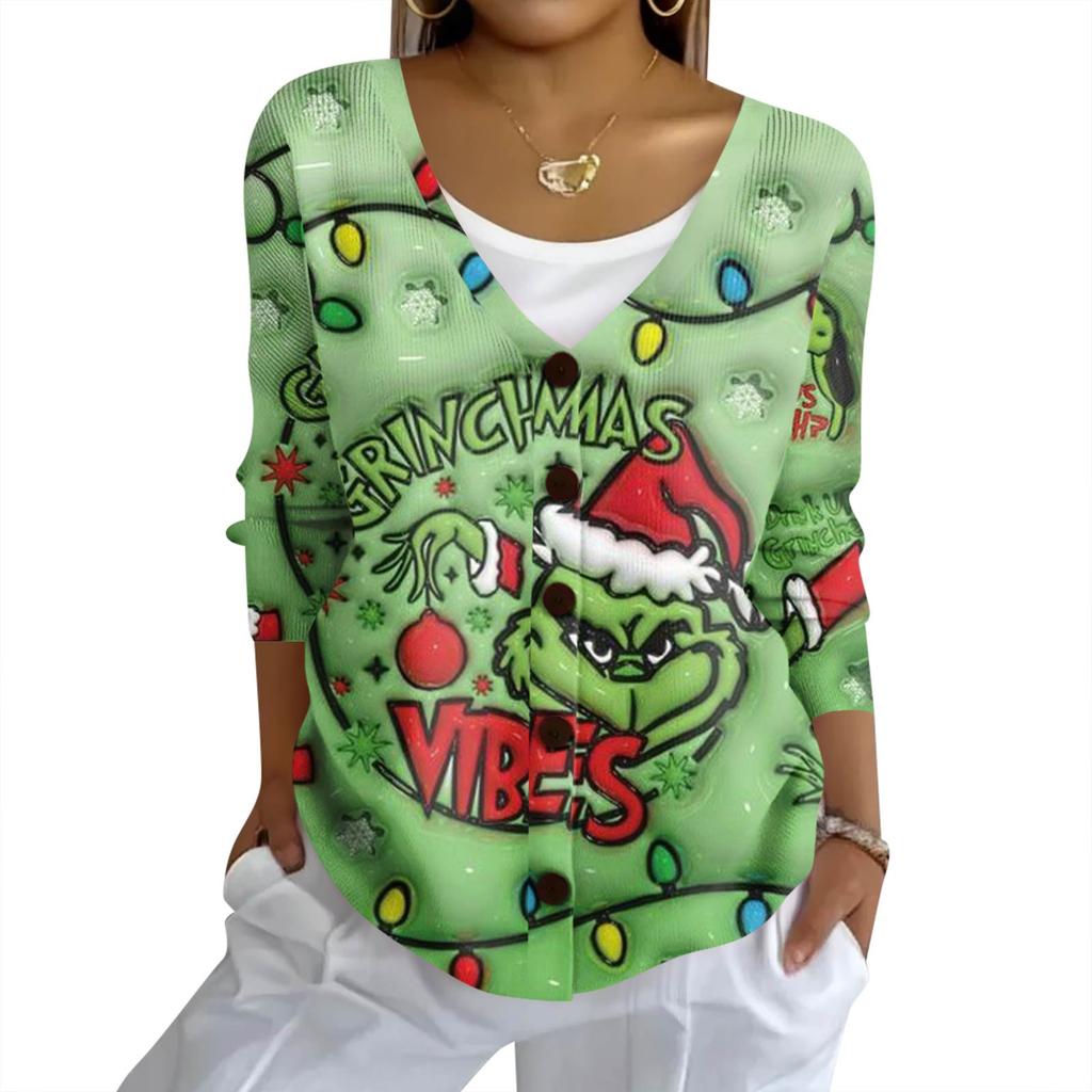 Women's Fashion Casual Knit Sweater Button-Up Christmas Print Cardigan Jacket