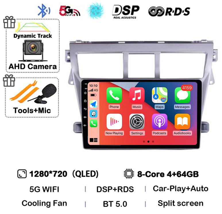 Android 14 Carplay Автомагнитола для Toyota Vios Yaris 2007 2008 2009 2010 2011 2012 Мультимедийный Видеоплеер 4G WIFI GPS Стерео