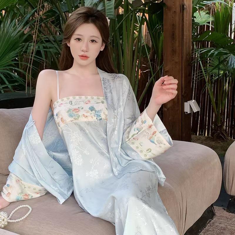 New ice silk pajamas with chest pads women's new Chinese suspender long skirt cardigan two-piece set high-end national style loungewear