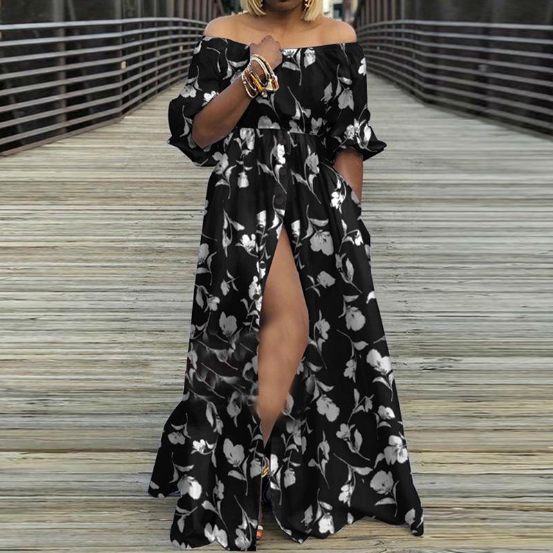 Womens Fashion Off The Shoulder Elegant Long Dress Halff Lantern Sleeve Buttons Slit Party Casual Maxi Dresses