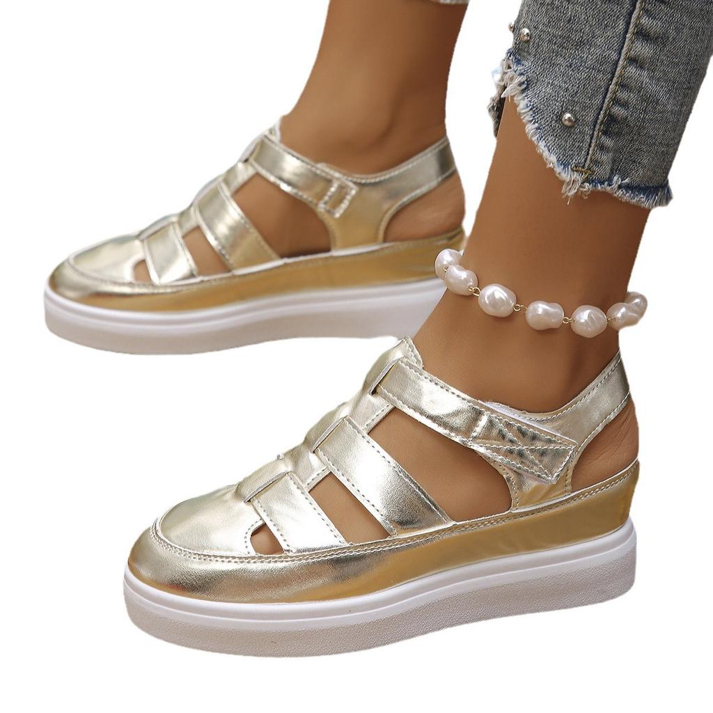 Летние женские сандалии на толстой подошве с покатым каблуком Roman Baotou Casual Cool Single Shoes Толстые пляжные сандалии на липучках для женщин