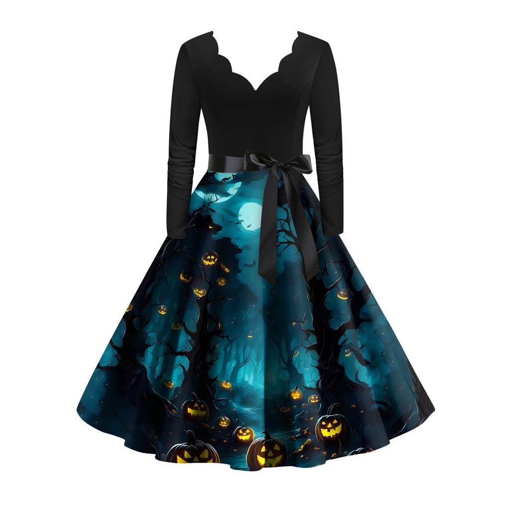 Женское винтажное классическое платье с вырезом на талии и галстуком-бабочкой с длинными рукавами на Хэллоуин с принтом и V-образным вырезом, свободное платье