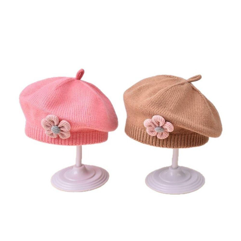 Korean Baby Beret Hat Flower Baby Knitted Hat New Artist Painter Caps For Infant Girls