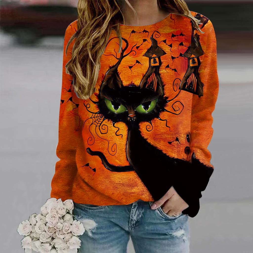 Fall Autumn Women'S Fashion O Neck Long Sleeve T-Shirt Loose Clothes Black Cat Print T Shirt