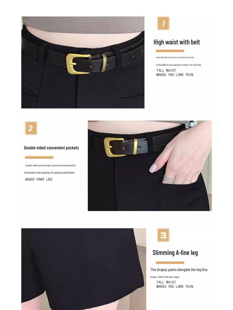 Women's High-Waist Summer A-line Booty Shorts - Black Outwear Slimming, Loose, Casual Wide-Leg Pants