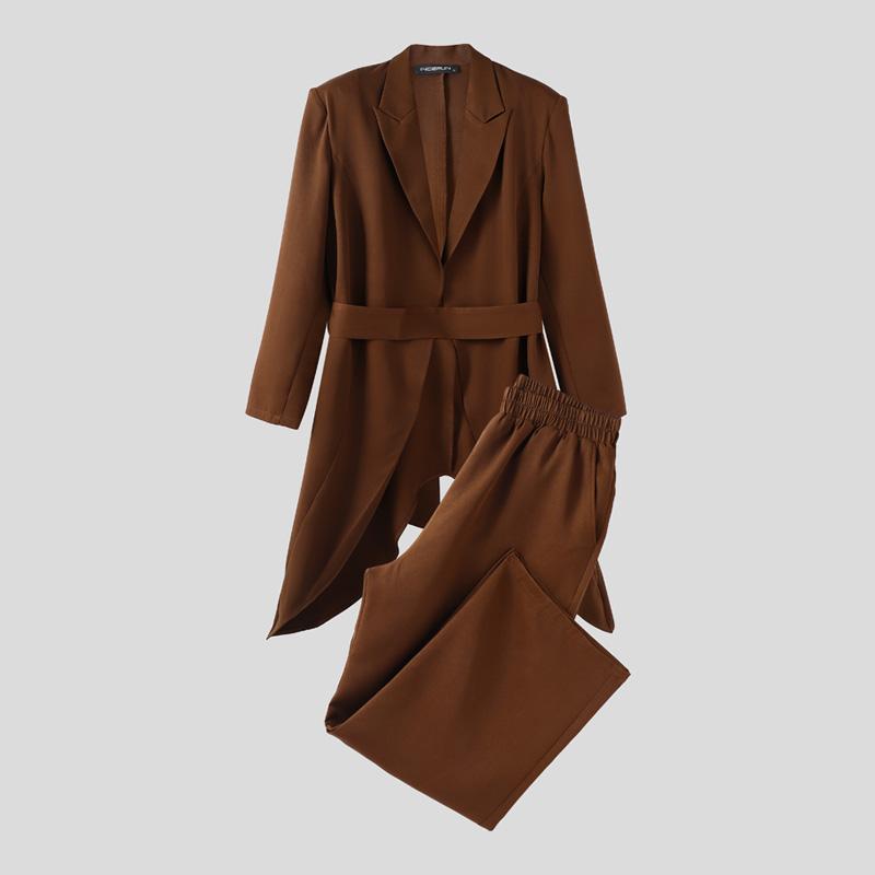 INCERUN Мужские наряды Пиковый лацкан Длинный рукав Необычный блейзер Ветровка Длинные брюки Повседневные костюмы-двойки